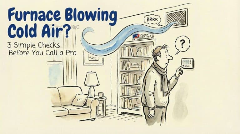 Illustration of a shivering man checking a thermostat with a vent blowing cold air. Text reads: Furnace Blowing Cold Air? 3 Simple Checks Before You Call a Pro.