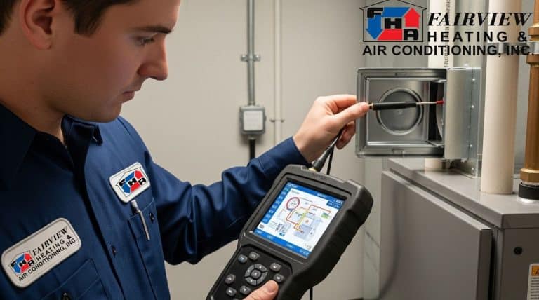An HVAC technician from Fairview Heating & Air Conditioning uses a digital diagnostic tool to test a home furnace system, checking for issues like uneven heating.