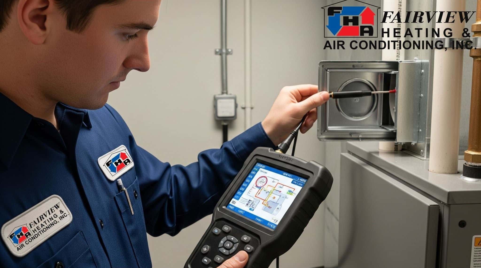 An HVAC technician from Fairview Heating & Air Conditioning uses a digital diagnostic tool to test a home furnace system, checking for issues like uneven heating.